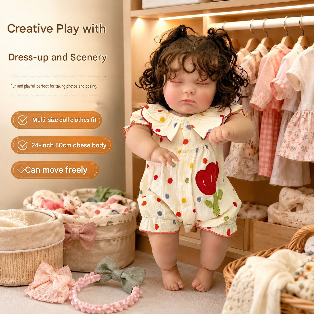 24 Inch Chubby Figure with Cloth Body Doll, Creative Dress‑Up Toy as Gift for Children and Adult Doll Lovers on Festive Days