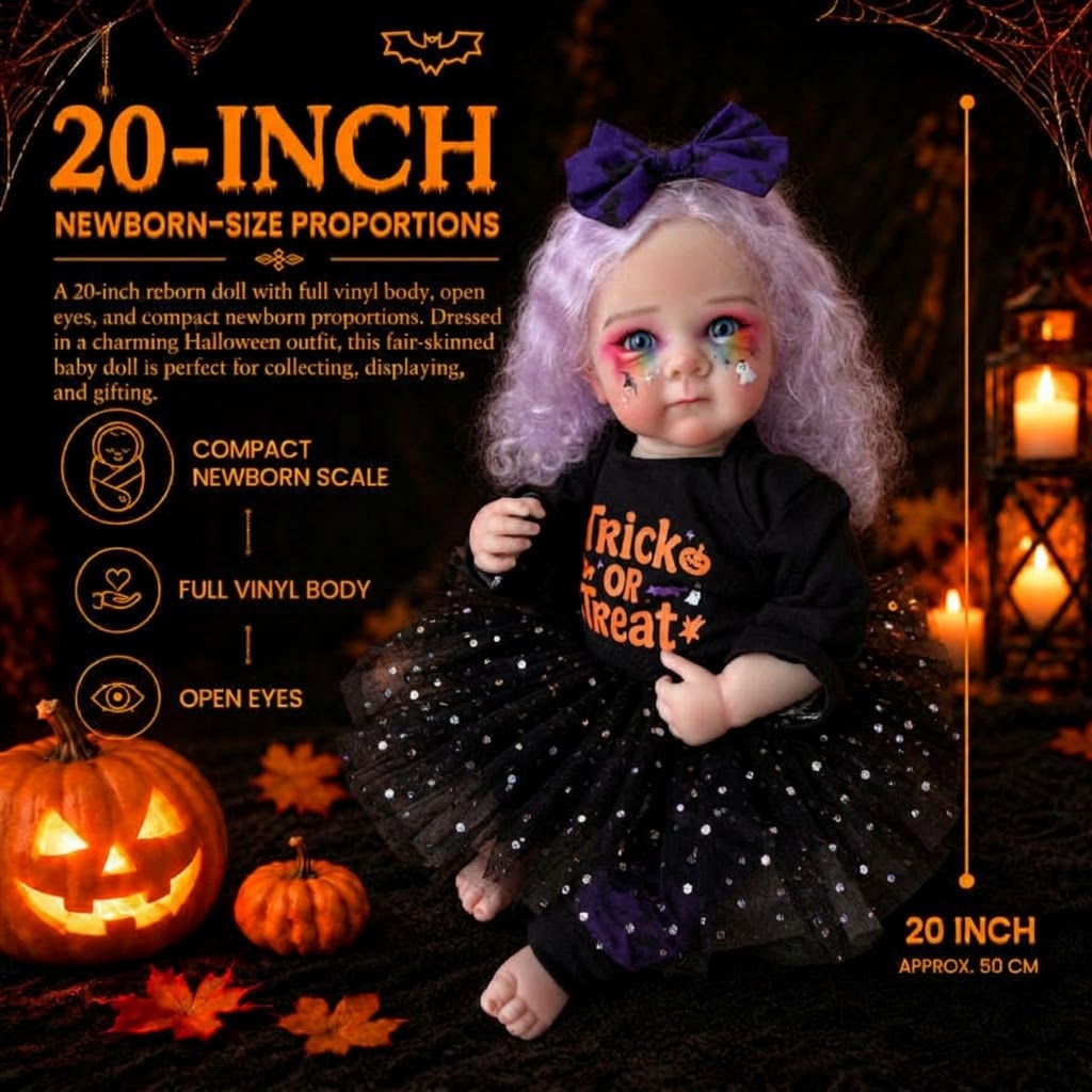 20 Inch Halloween Reborn Doll Curly Hair Blue Eyes Colorful Makeup Full Vinyl Body for gifts
