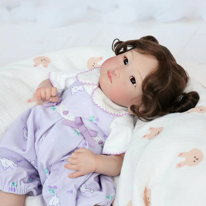22-Inch/55cm Full-Body Vinyl Simulation Doll | Hand-Painted Makeup & Articulated Joints | Light Purple Cartoon Overalls Set