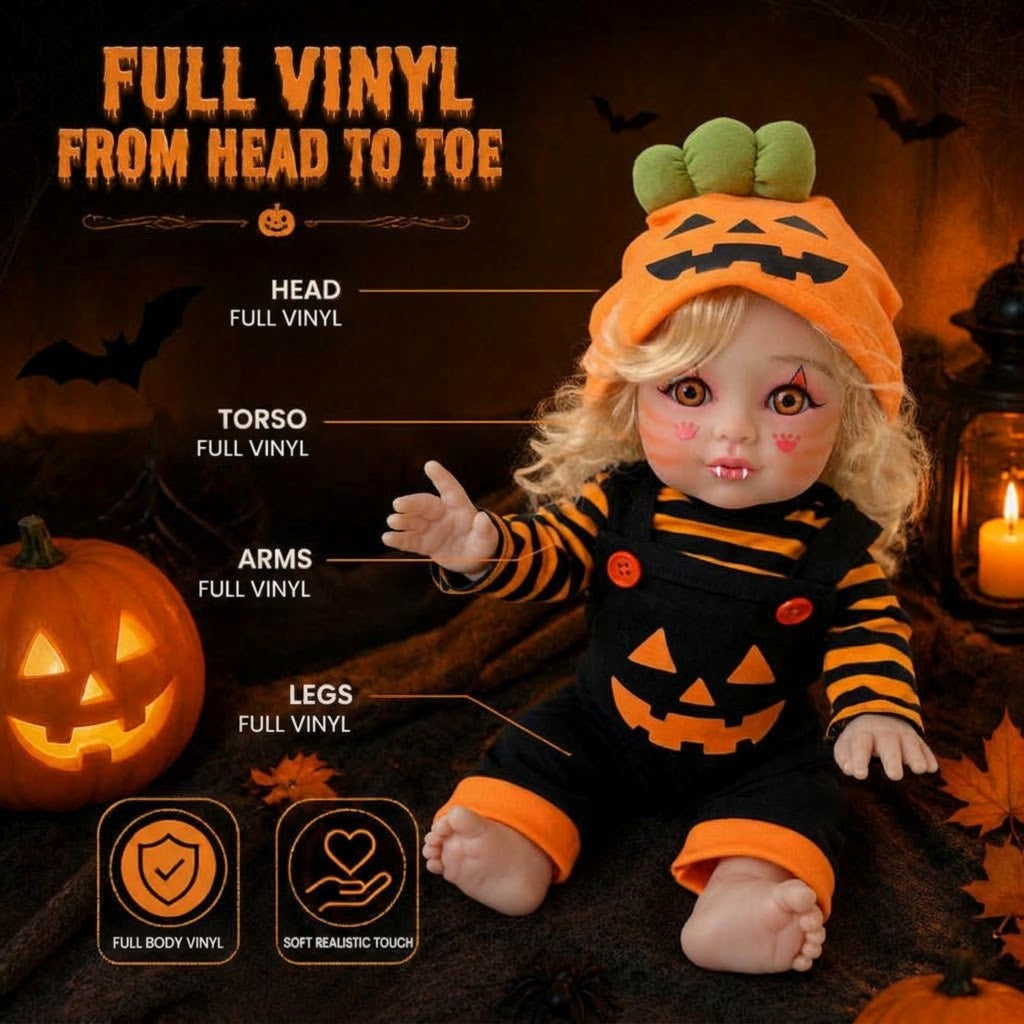 16 Inch Halloween Pumpkin Reborn Doll Blonde Curly Hair Open Eyes Full Vinyl Body Gifts
