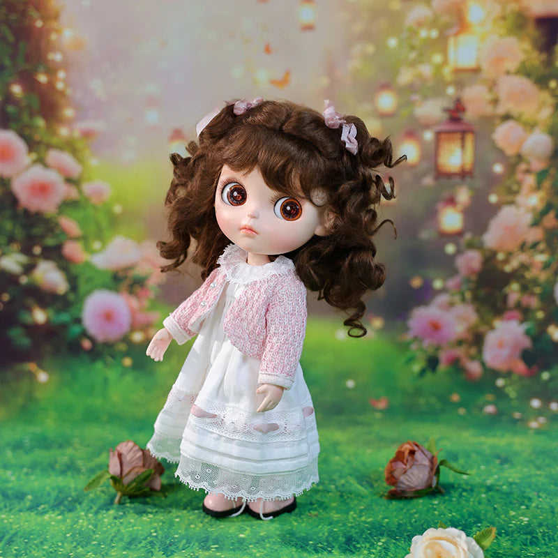 12-inch/30cm Big Eyes Porcelain Doll With White Dress and Pink Coat