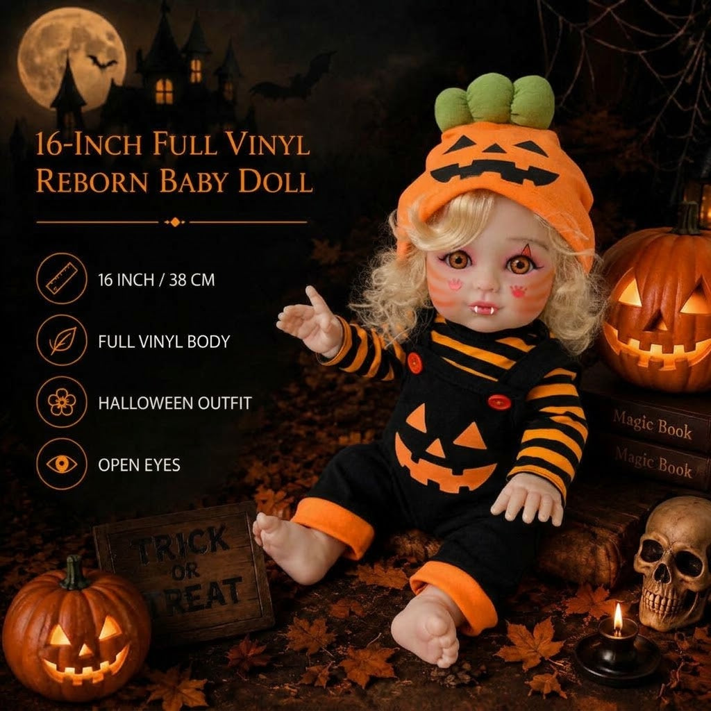16 Inch Halloween Pumpkin Reborn Doll Blonde Curly Hair Open Eyes Full Vinyl Body Gifts