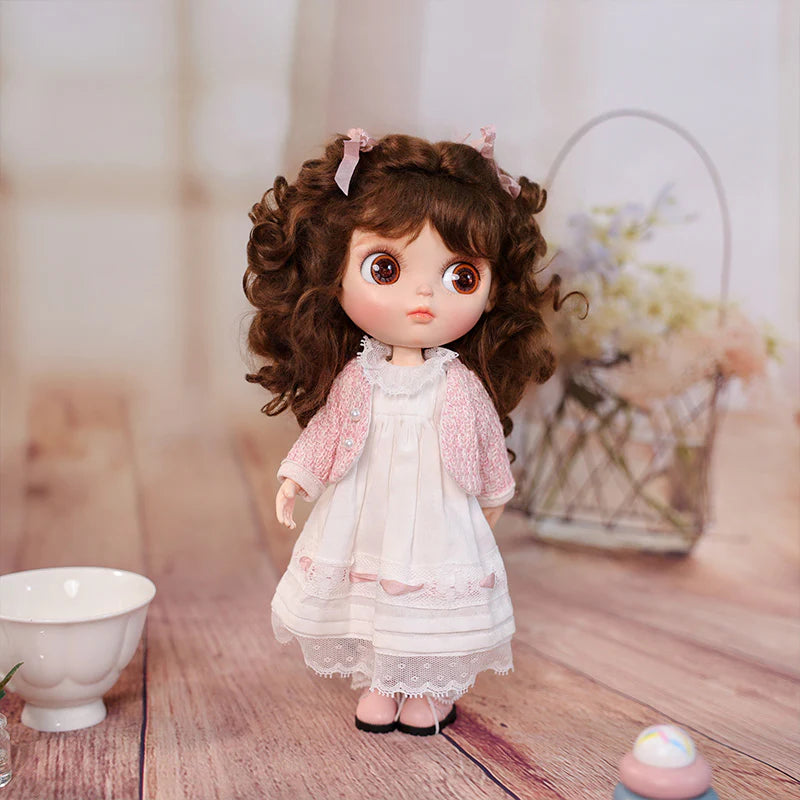 12-inch/30cm Big Eyes Porcelain Doll With White Dress and Pink Coat