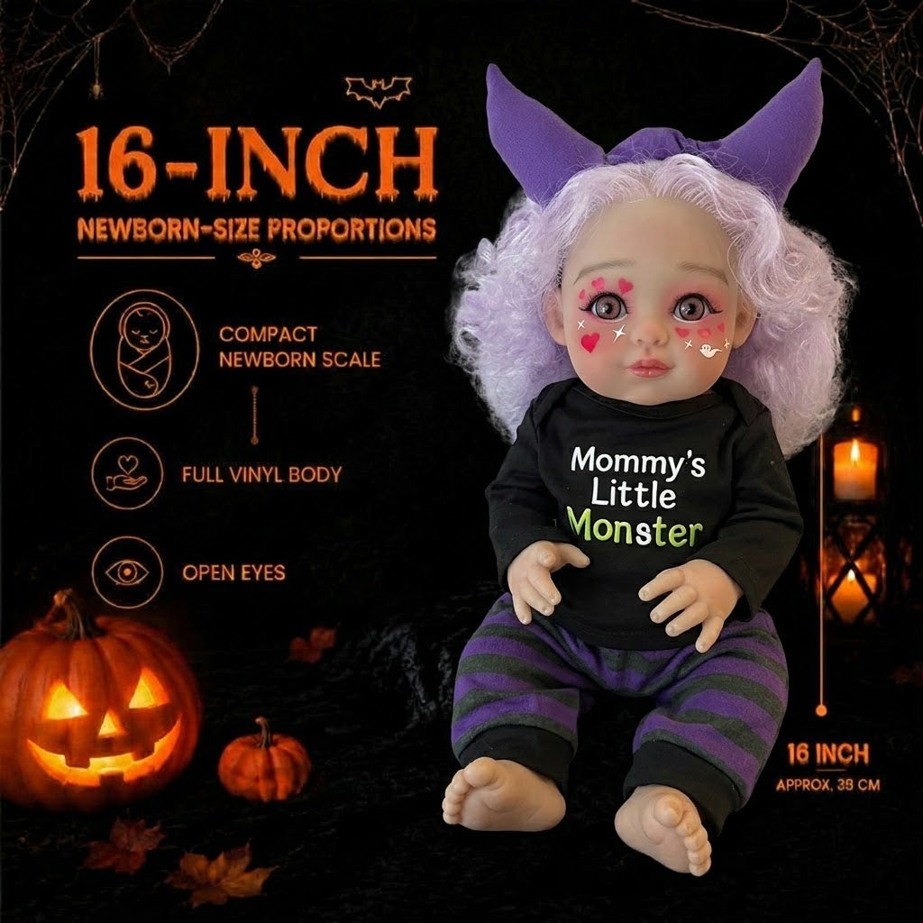 16 inch Halloween simulation reborn doll light purple curly hair love makeup devil horn hairband purple and black striped pants