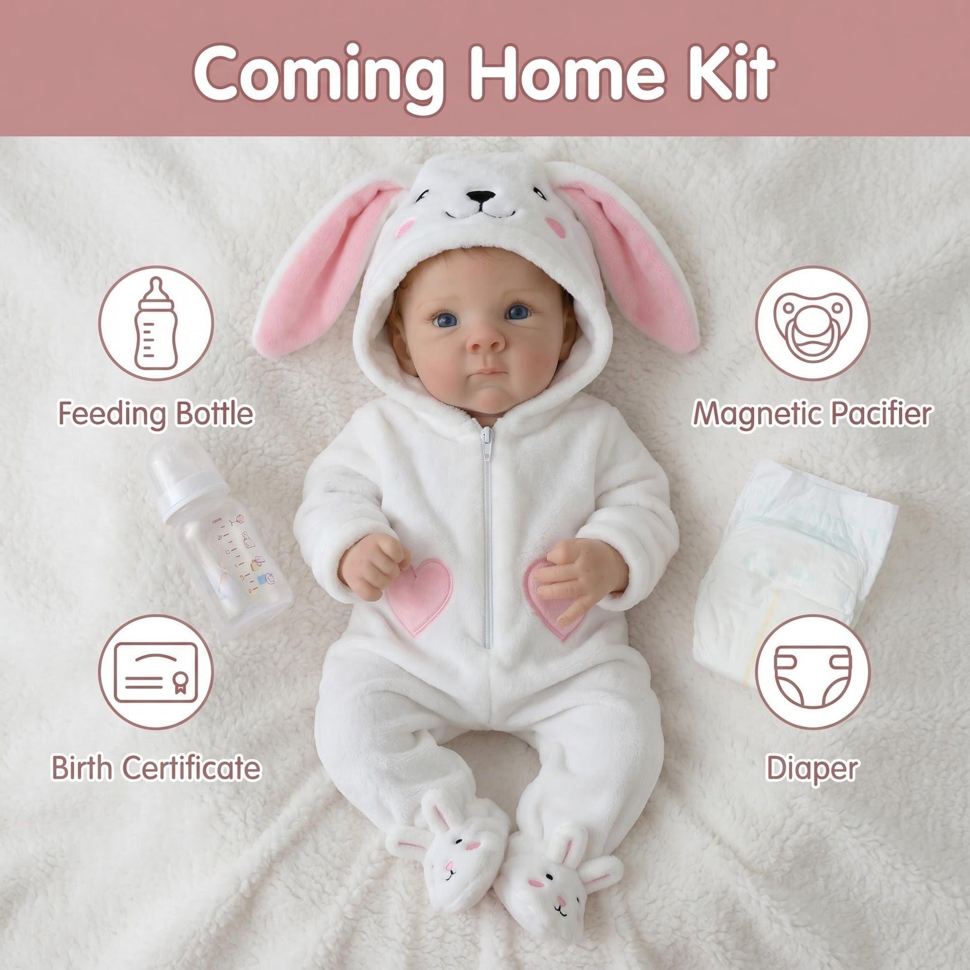 Baby Dolls 18 Inch 45cm, Realistic Newborn Doll with Soft Cloth Body & Cute Smile White Conjoined Rabbit Set Reborn Dolls for Kids Ages 3+