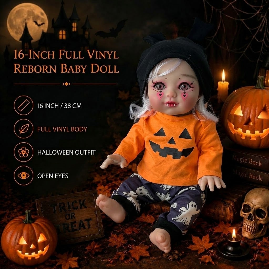 16 inch Halloween simulation reborn doll with silver curly hair, vampire shape, pumpkin top, ghost pants, bunny ears hat season gifts for chirld