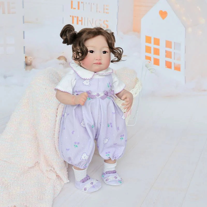 22-Inch/55cm Full-Body Vinyl Simulation Doll | Hand-Painted Makeup & Articulated Joints | Light Purple Cartoon Overalls Set