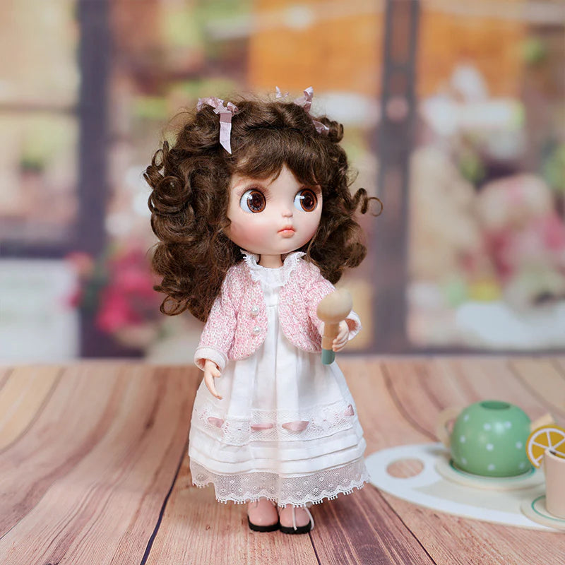 12-inch/30cm Big Eyes Porcelain Doll With White Dress and Pink Coat