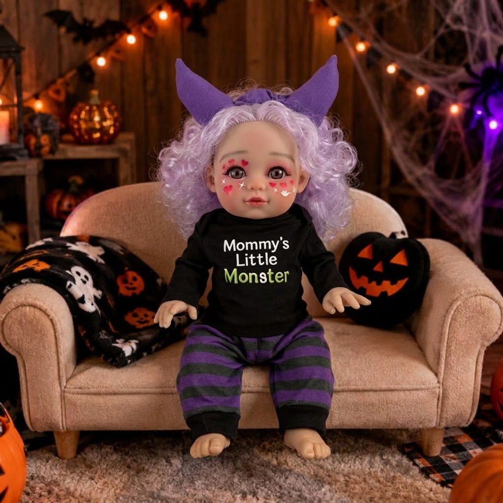 16 inch Halloween simulation reborn doll light purple curly hair love makeup devil horn hairband purple and black striped pants