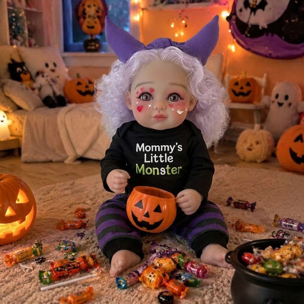 16 inch Halloween simulation reborn doll light purple curly hair love makeup devil horn hairband purple and black striped pants