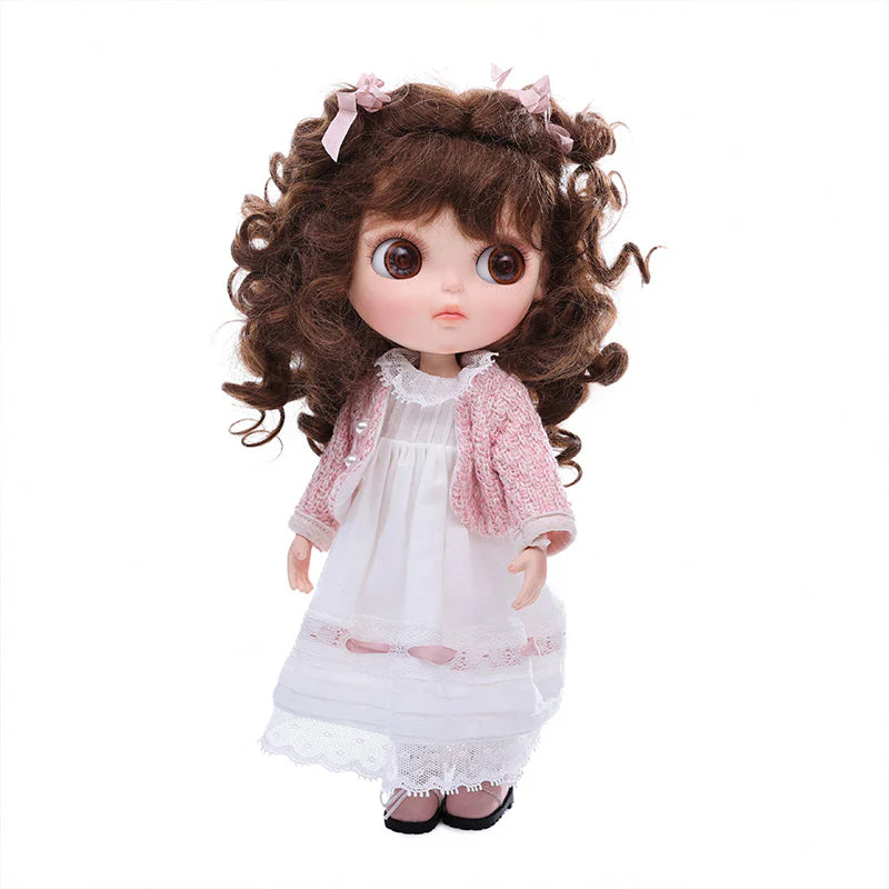 12-inch/30cm Big Eyes Porcelain Doll With White Dress and Pink Coat