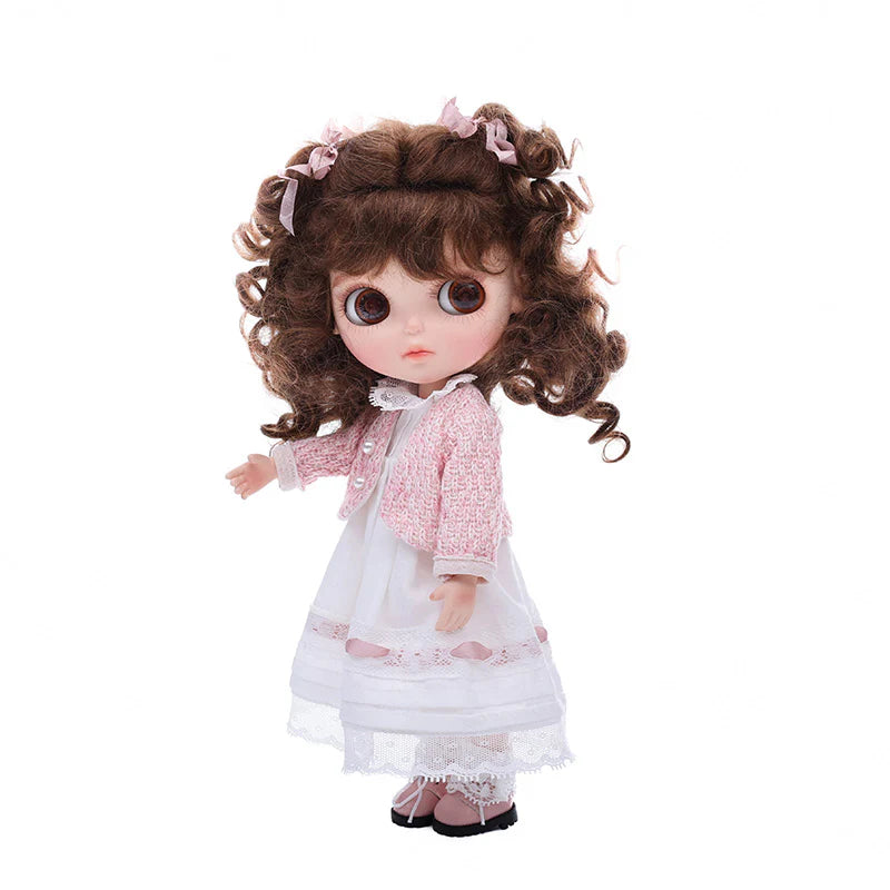 12-inch/30cm Big Eyes Porcelain Doll With White Dress and Pink Coat