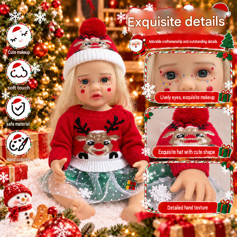 22 inch Christmas simulation reborn doll vinyl girl with curly hair and blue eyes, dress-up gift box, children's Christmas gift