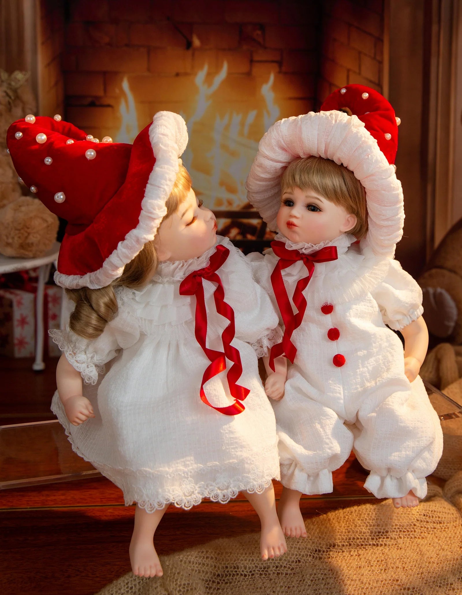14-Inch Porcelain Twin Baby Doll Set - 35cm Hand-Painted Christmas Collectibles with Rotatable Heads & Display Stands