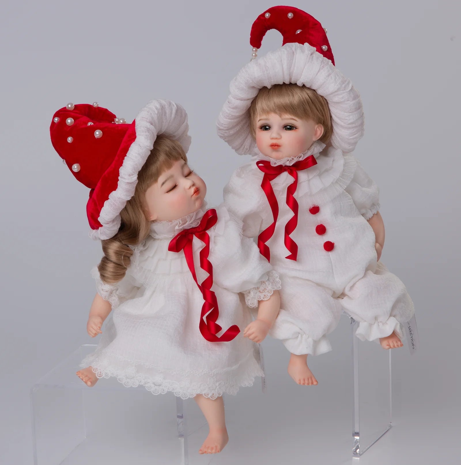 14-Inch Porcelain Twin Baby Doll Set - 35cm Hand-Painted Christmas Collectibles with Rotatable Heads & Display Stands