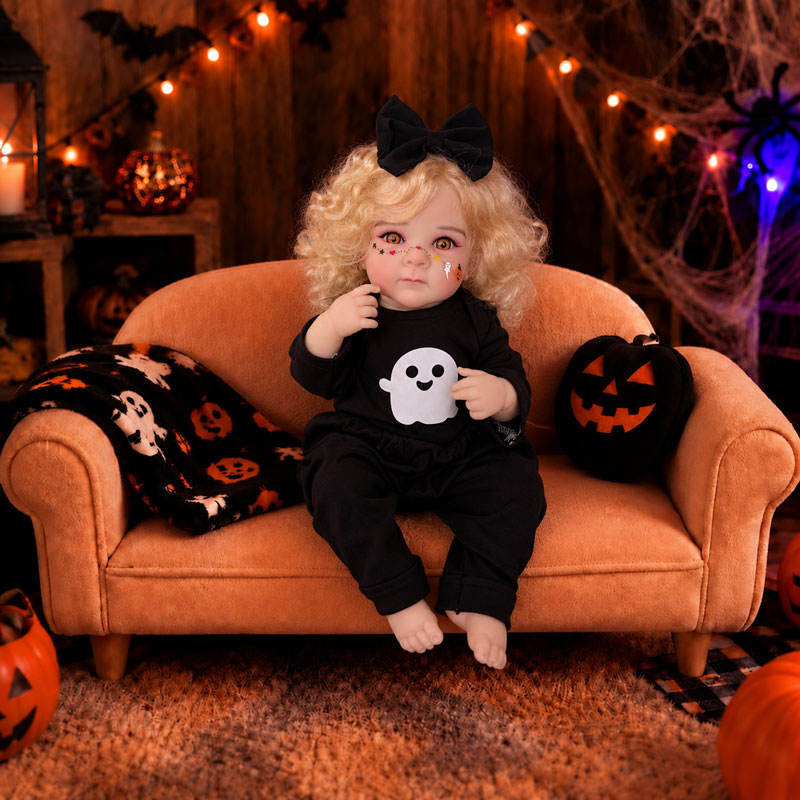 20 inch Halloween simulation Full vinyl Body Reborn Doll with golden curly hair, ghost print, black bow, gift box toy
