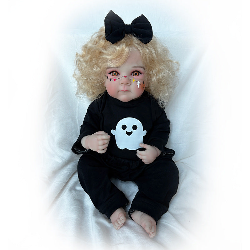 20 inch Halloween simulation Full vinyl Body Reborn Doll with golden curly hair, ghost print, black bow, gift box toy