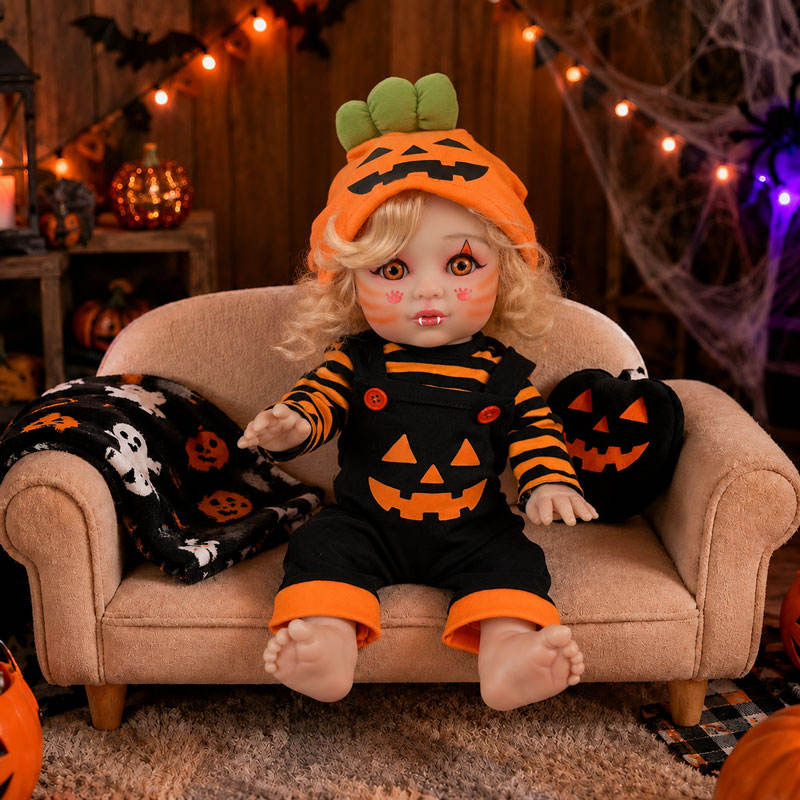 16 Inch Halloween Pumpkin Reborn Doll Blonde Curly Hair Open Eyes Full Vinyl Body Gifts