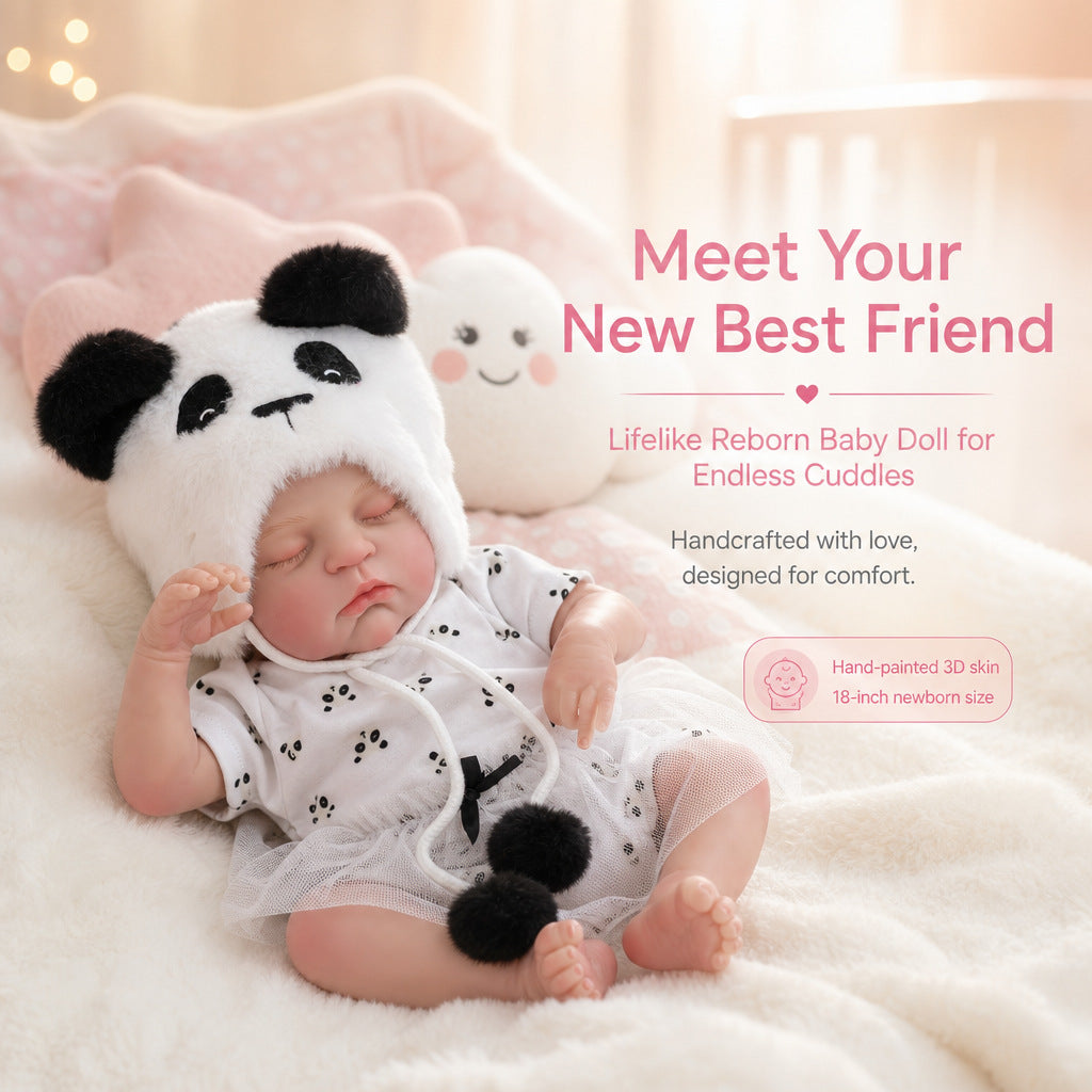 18 Inch with Cloth Body Sleeping Reborn Baby Doll, Cute Panda Outfit, Companion Gift for Birthday & Holiday Occasions