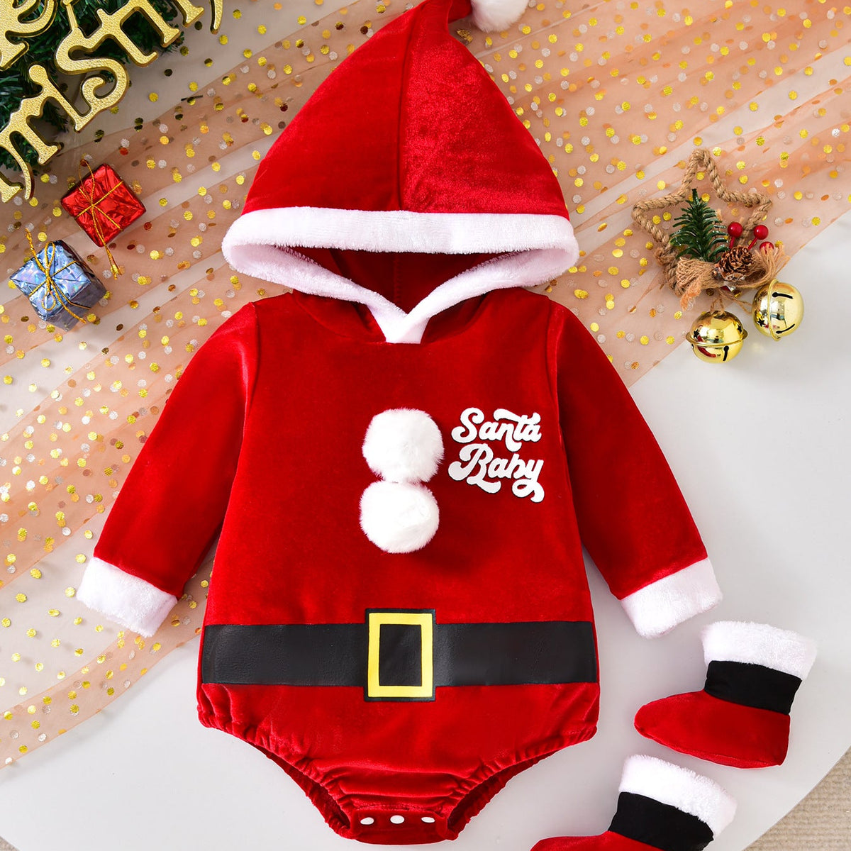 Baby's Christmas Letter-Print Hooded Romper with Socks