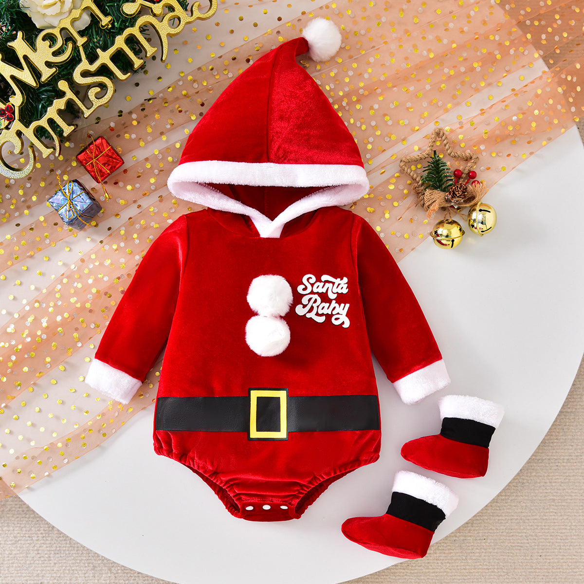 Baby's Christmas Letter-Print Hooded Romper with Socks