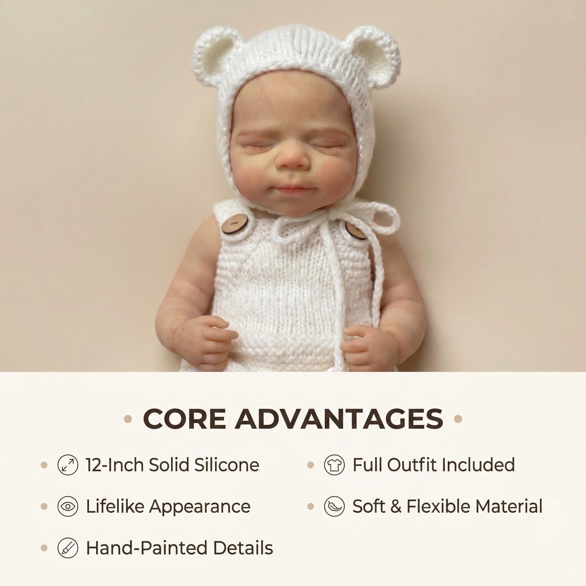 12-inch reborn doll full silicone body white sweater bear hat doll gift for children's holiday collection