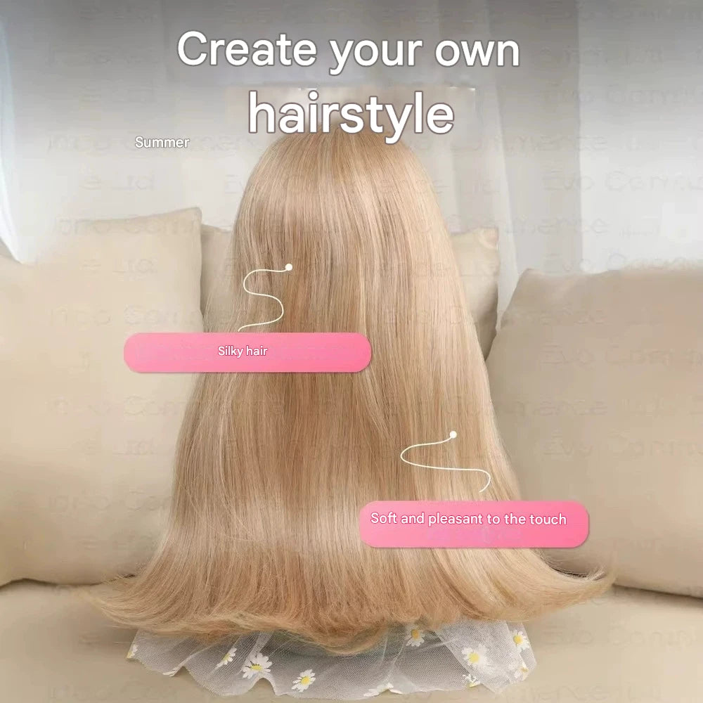 Blonde wig on a mannequin head with text 'Create your own hairstyle' and product features.