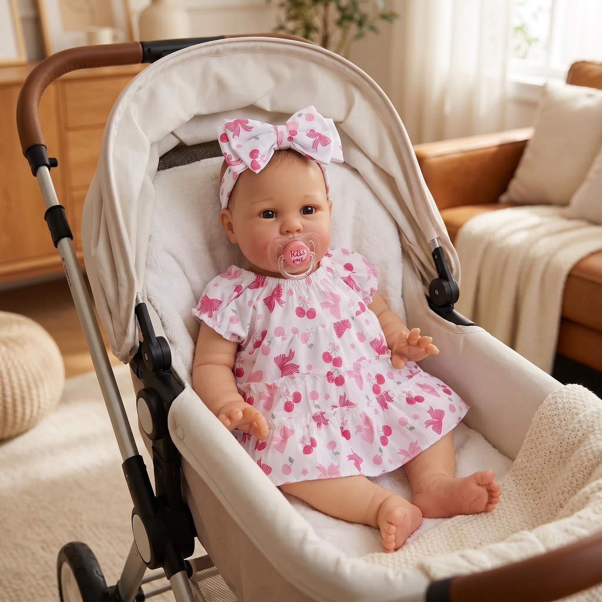 Realistic 22 inch Reborn Infant Doll With Cloth Body, Cherry Pattern Dress, Soothing Companion for Holiday Gifting