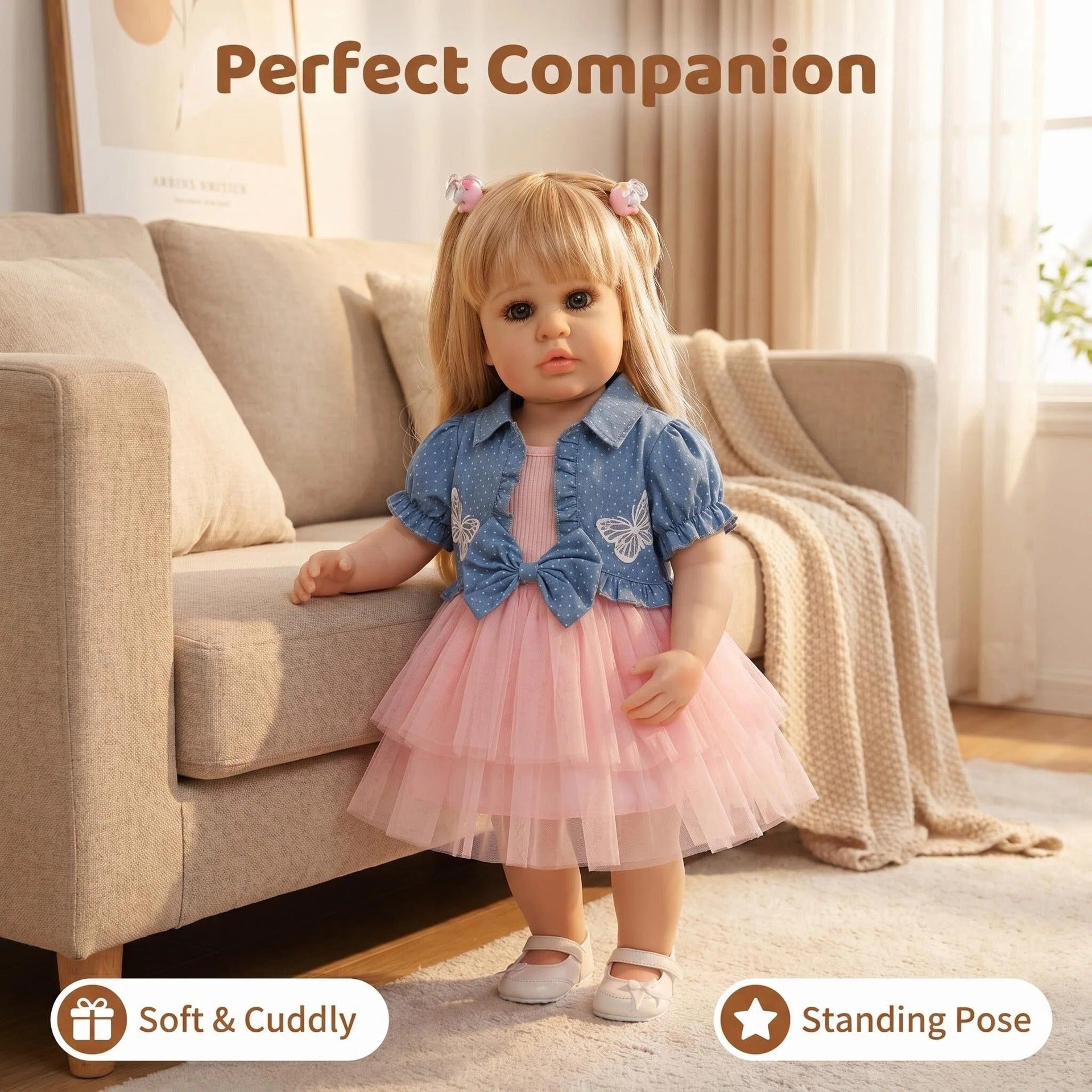 Lifelike 22 inch with Full Vinyl Body Standing Toddler Reborn Doll With Blonde Pigtails, Princess Outfit, Festive Gift For Kids & Collectors