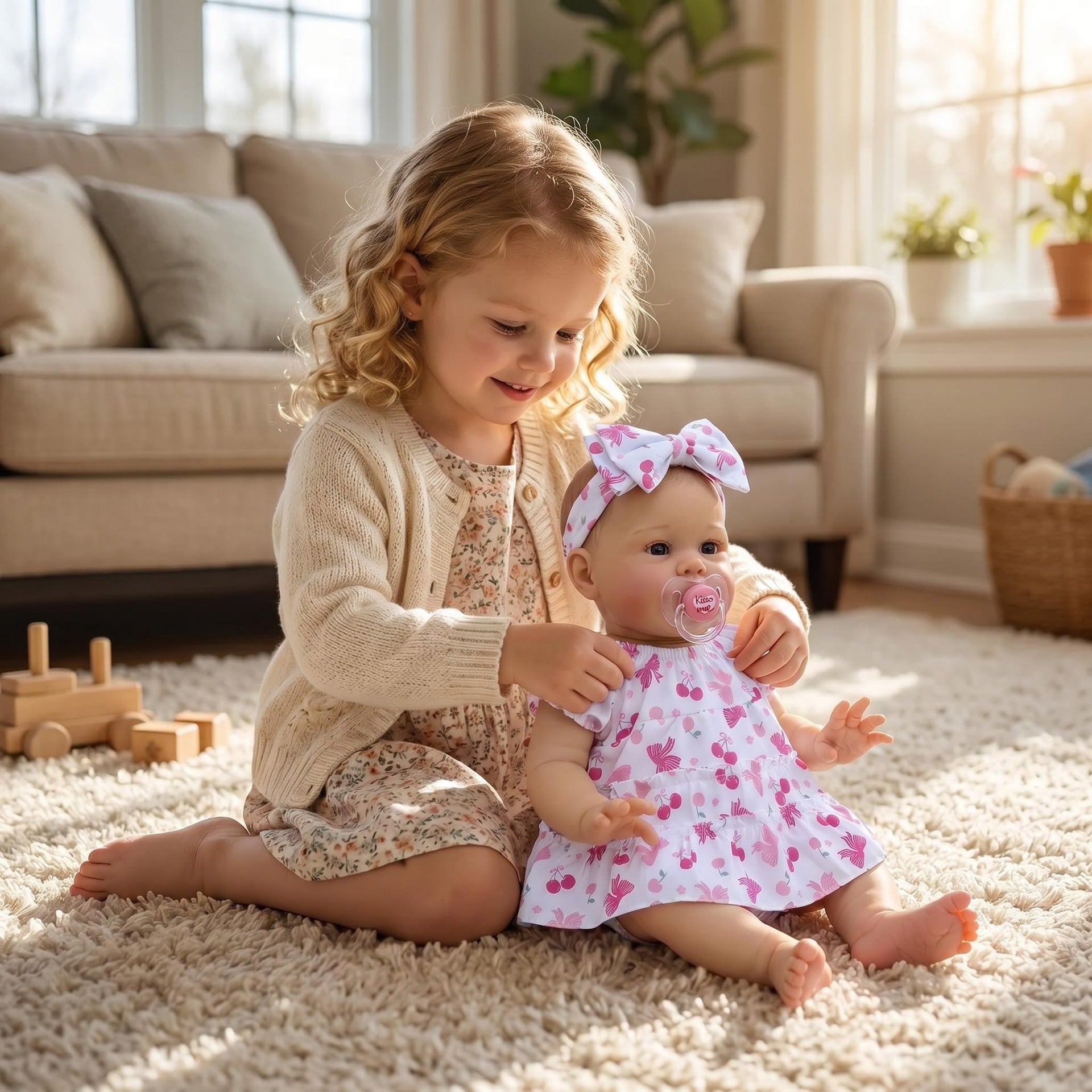 Realistic 22 inch Reborn Infant Doll With Cloth Body, Cherry Pattern Dress, Soothing Companion for Holiday Gifting