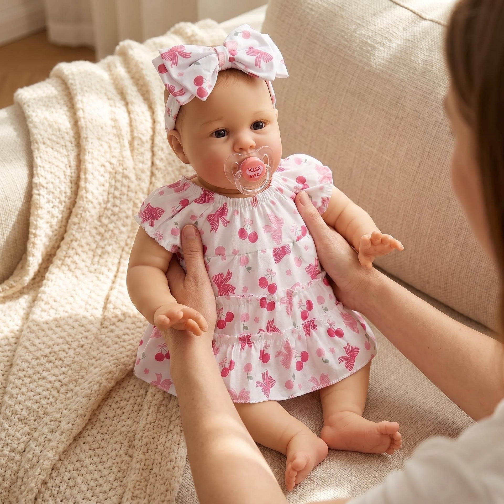 Realistic 22 inch Reborn Infant Doll With Cloth Body, Cherry Pattern Dress, Soothing Companion for Holiday Gifting