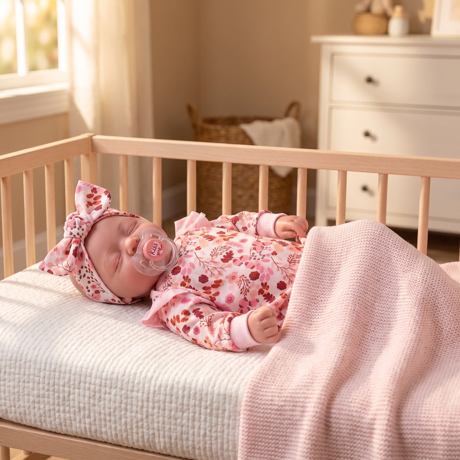 19 inch Sweet Smiling Reborn Doll with Cloth Body, Pink Floral Outfit, Comfort Toy for Festival Gifting