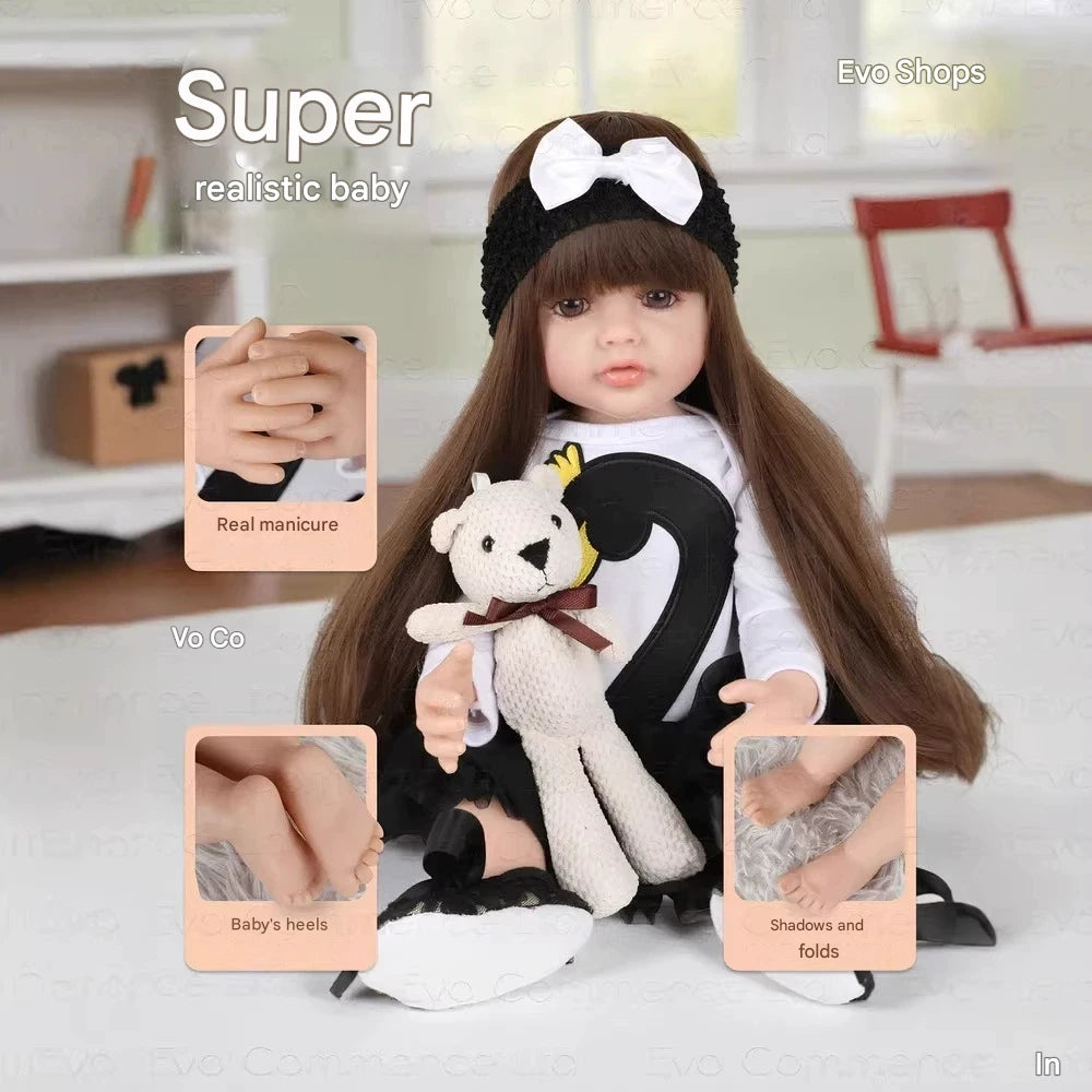 Realistic baby doll holding a teddy bear with close-up details on a neutral background