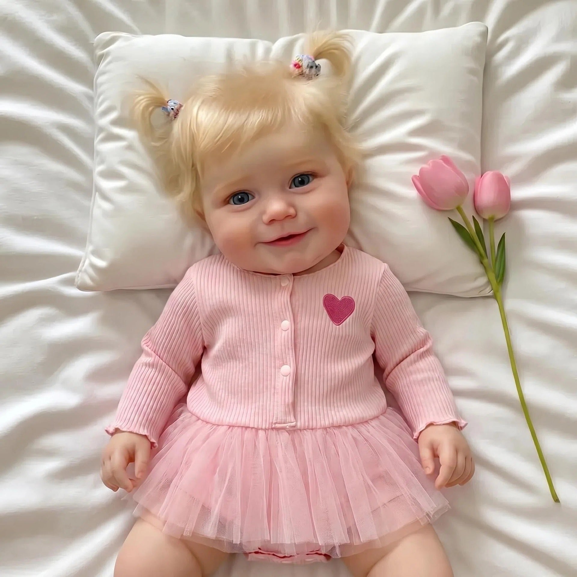 20 Inch with Full Vinyl Reborn Baby, Blonde Pigtails & Pink Heart Tutu Outfit, Companion Doll for Birthday & Holiday Gift