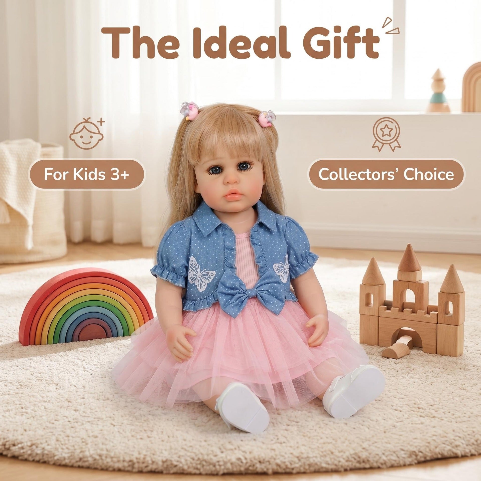 Lifelike 22 inch with Full Vinyl Body Standing Toddler Reborn Doll With Blonde Pigtails, Princess Outfit, Festive Gift For Kids & Collectors