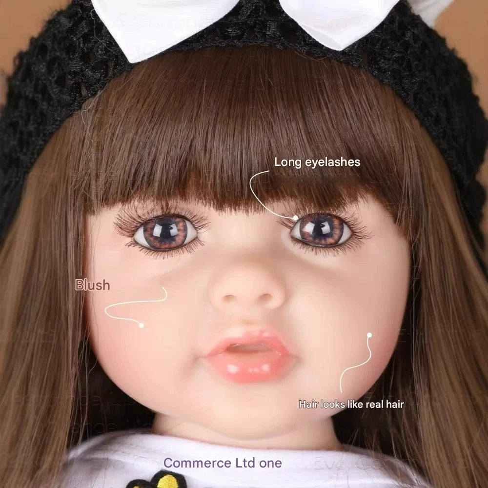 Close-up of a doll with labeled features on its face, including long eyelashes, blush, and hair resembling real hair.