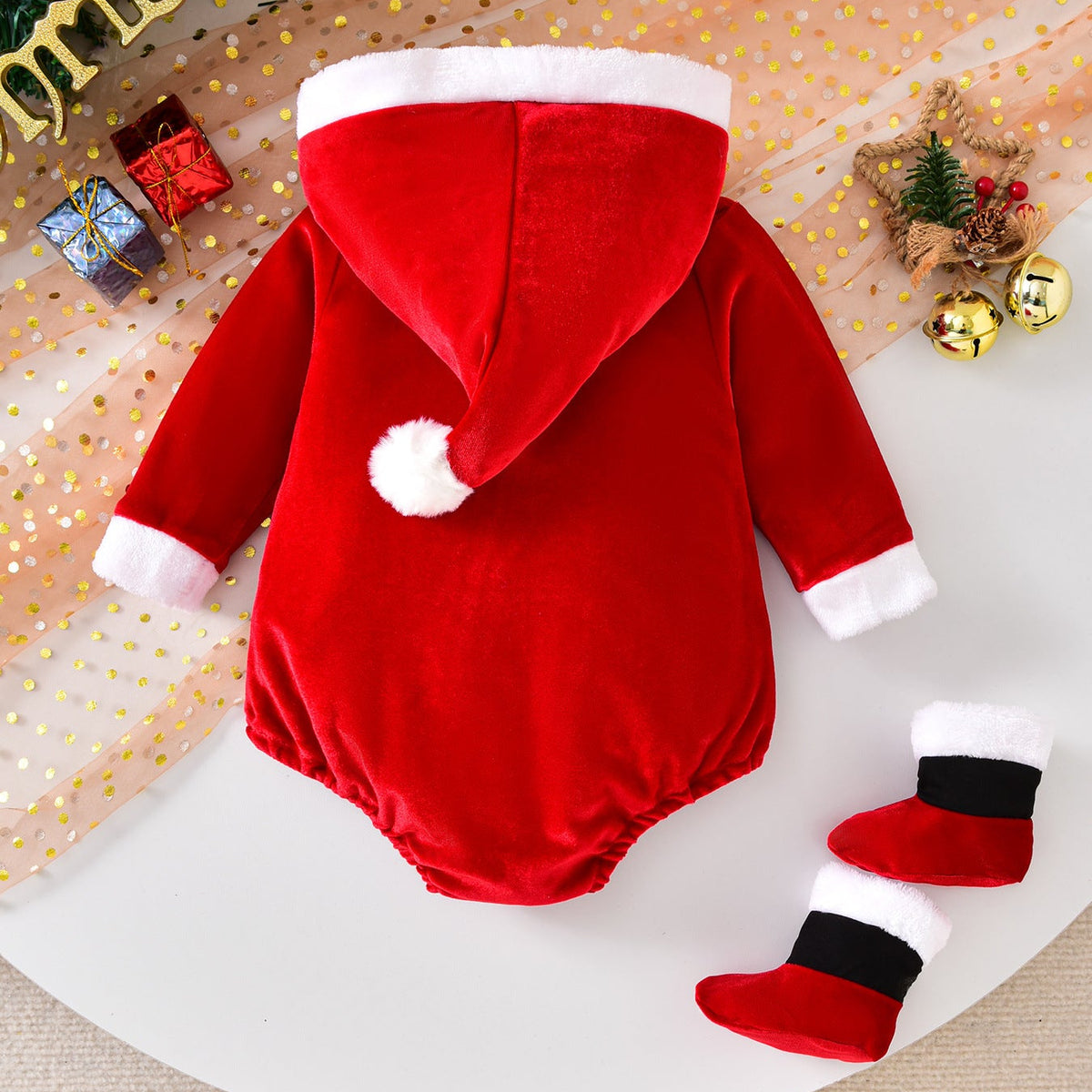 Baby's Christmas Letter-Print Hooded Romper with Socks