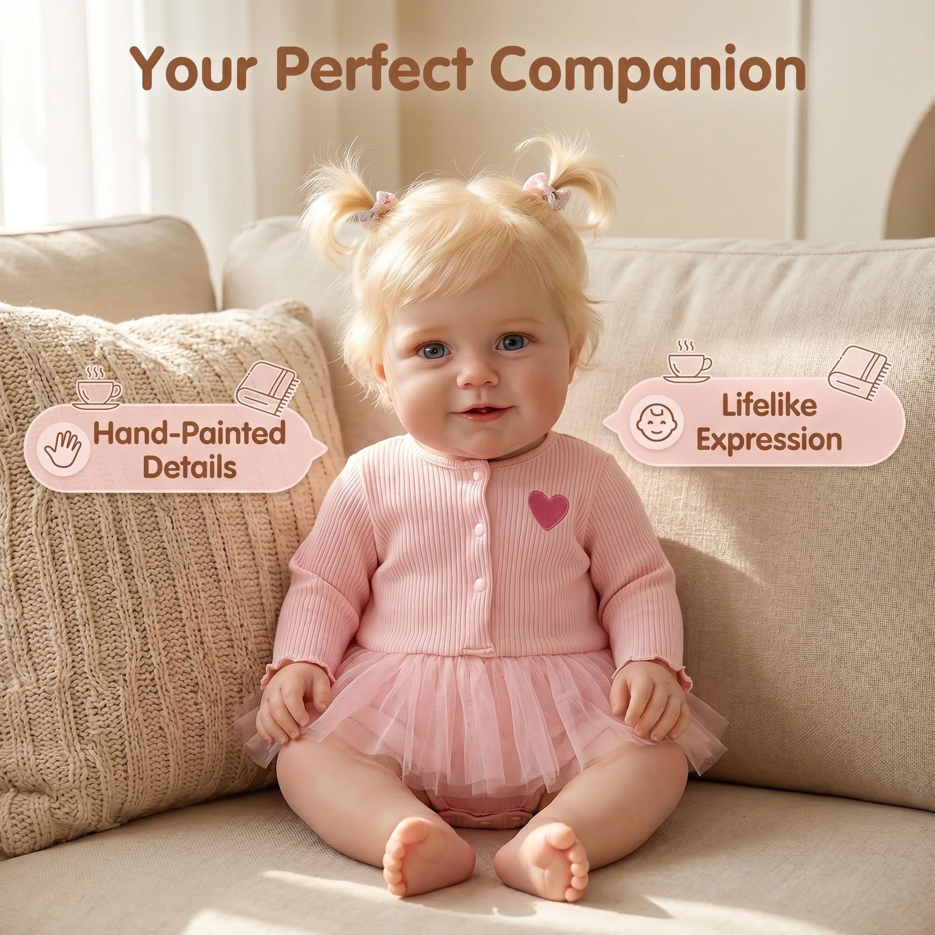 20 Inch with Full Vinyl Reborn Baby, Blonde Pigtails & Pink Heart Tutu Outfit, Companion Doll for Birthday & Holiday Gift