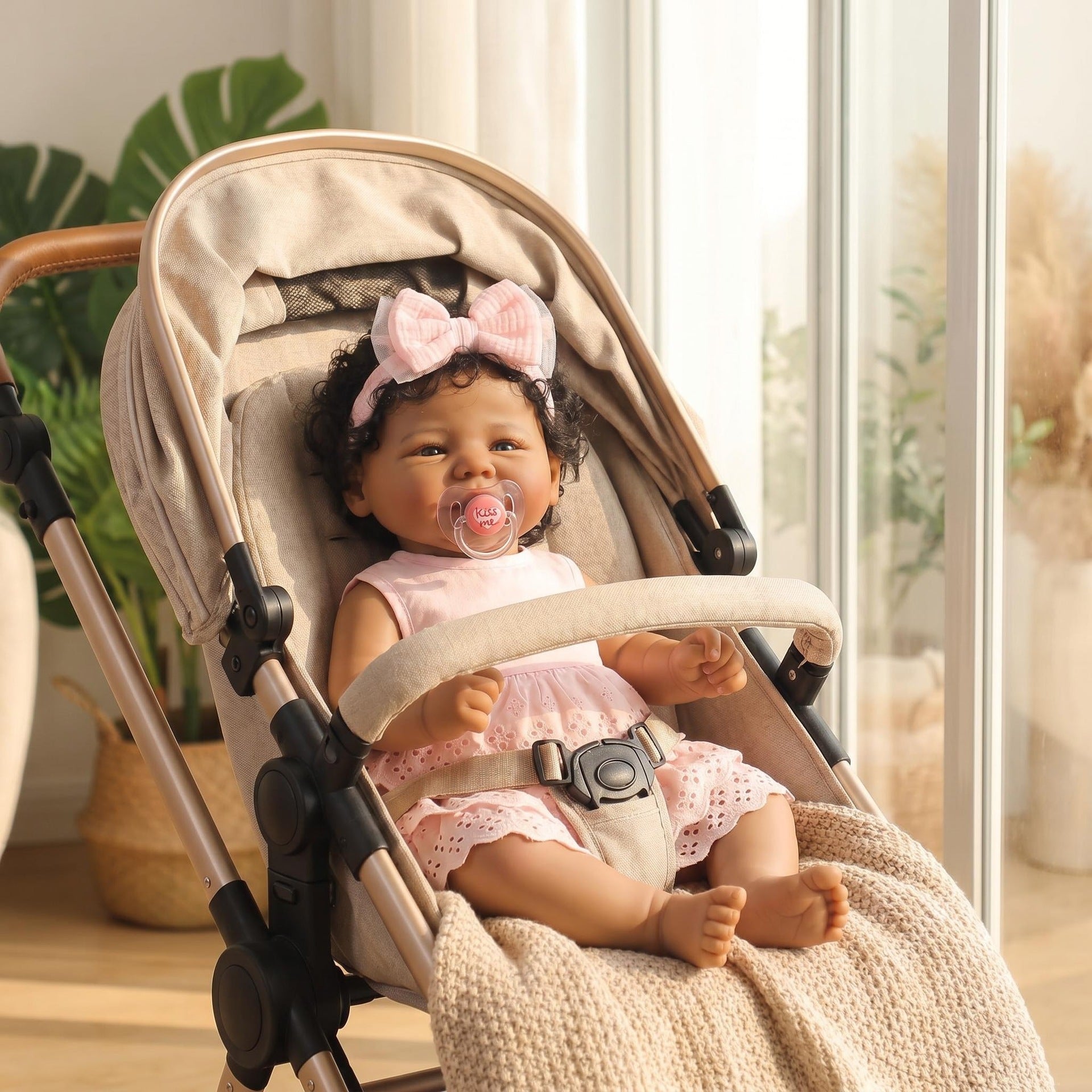 19 Inch With Cloth Body Reborn Baby Doll, Pink Eyelet Lace Dress, Big Mesh Bow Headband, Lovely Gift Option for Birthdays, Christmas and Holiday Celebrations, Huggable Companion Toy for Kids and Adult Doll Collectors