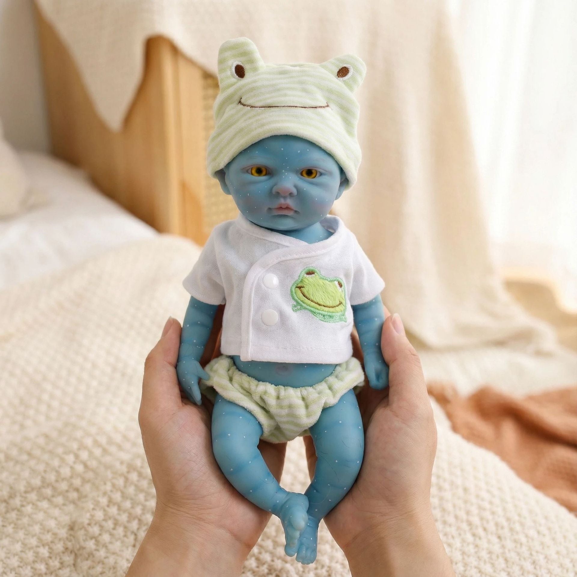 12 inch green striped frog hat fairy avatar solid silicone reincarnation doll for children's Christmas gift