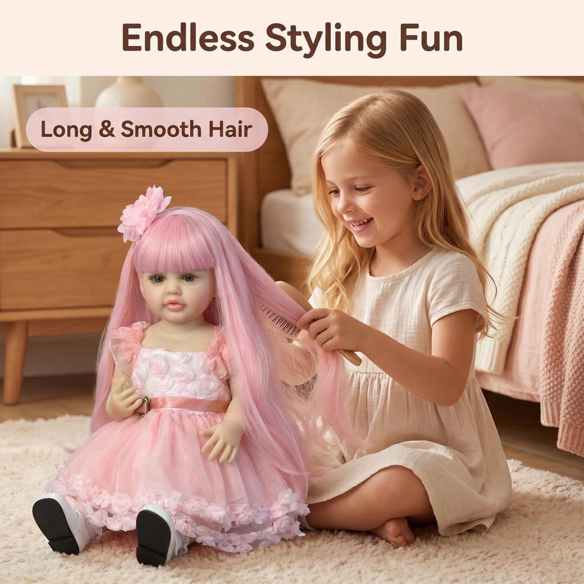 22 Inch Full Vinyl Body Reborn Doll Pink Long Hair Girl Doll Wonderful Baby Shower & All Occasion Companion Gift