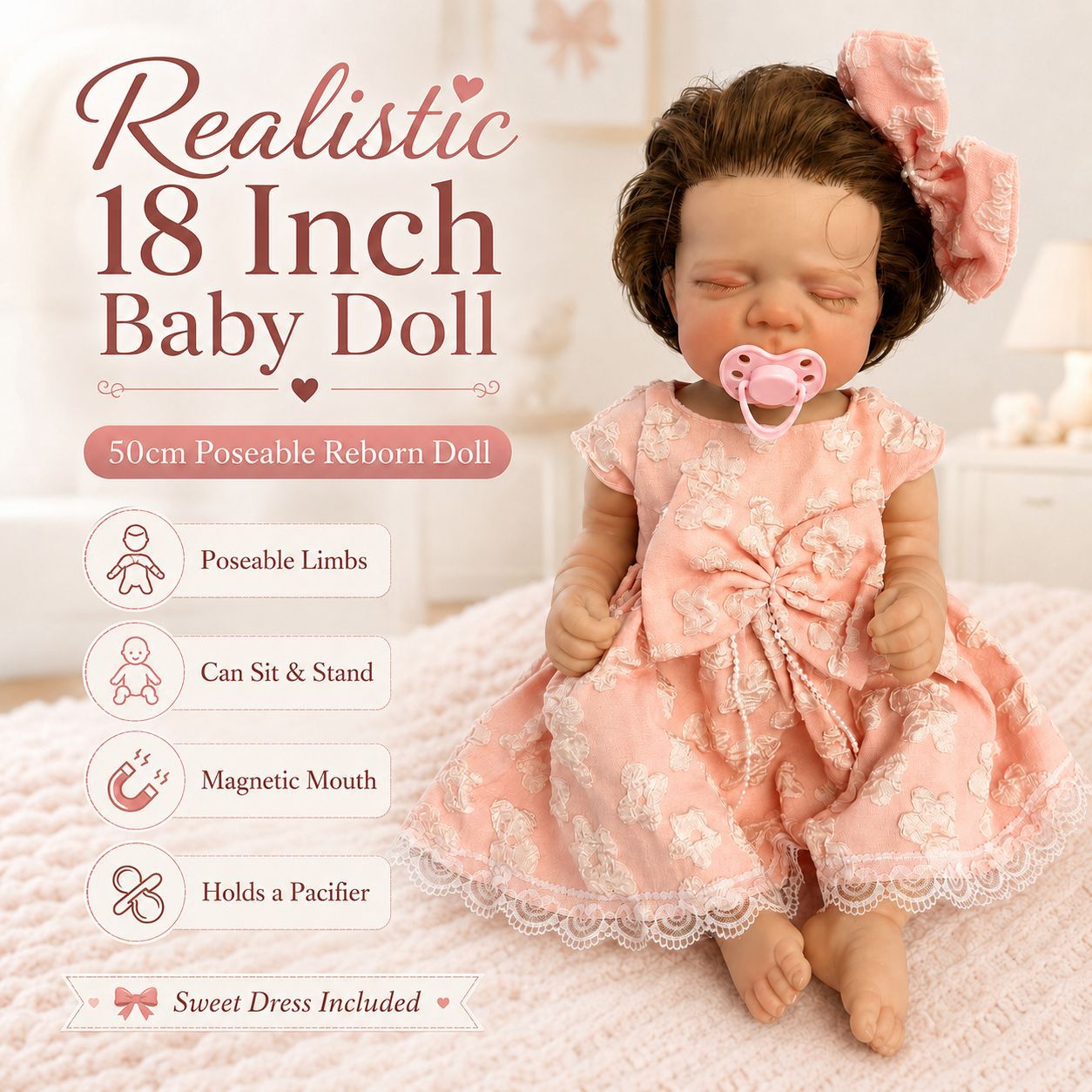 Lifelike 18 Inch with Full Vinyl Reborn Style Doll, Flexible Limbs, Great Gift for Festive Moments and Birthday Celebrations
