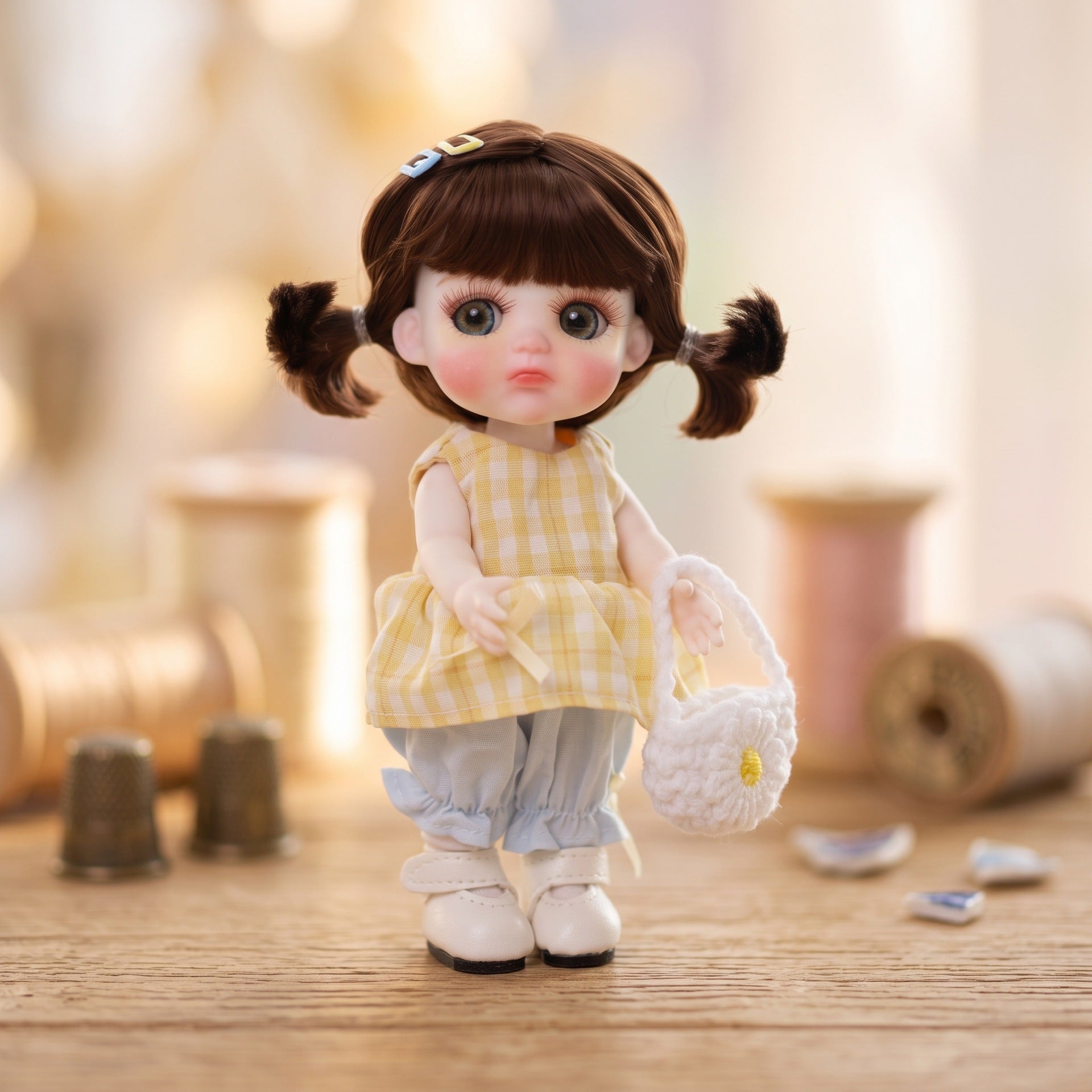 6 Inch Mini with Ceramic Body Cute Pigtails Yellow Gingham Outfit Collectible Desktop Decor Gift