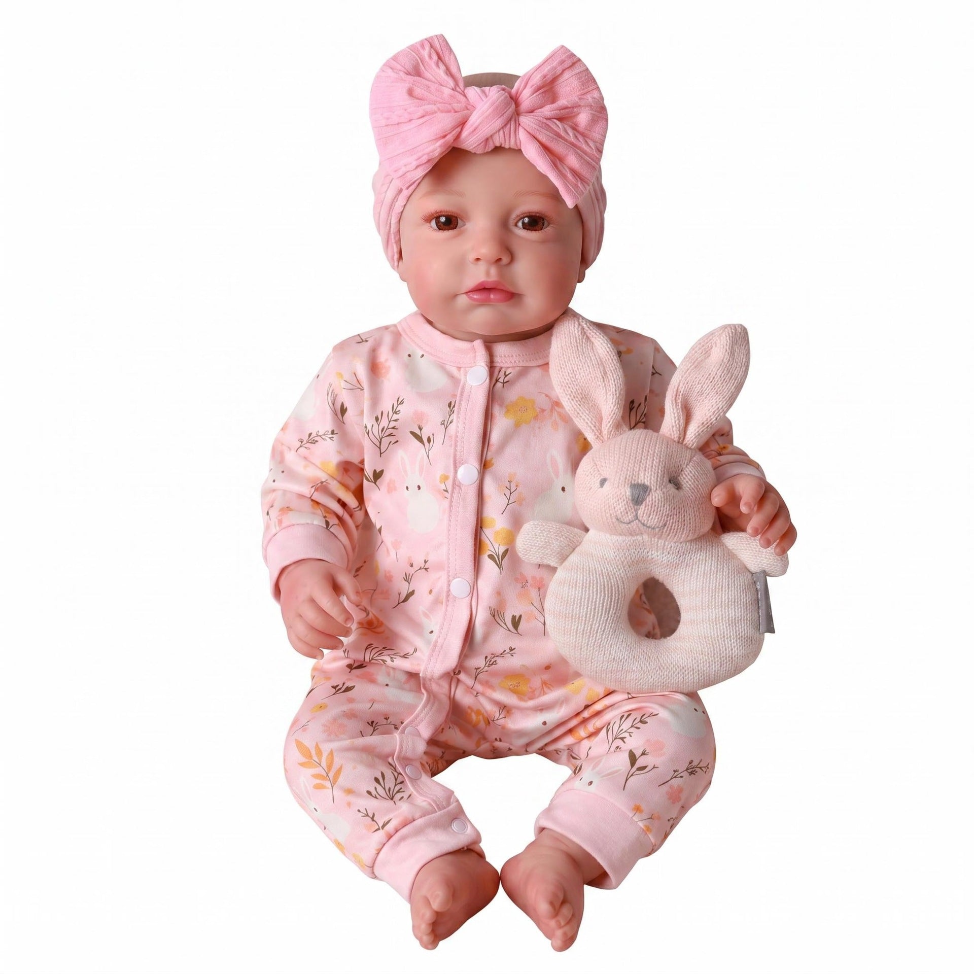 Soft Touch 19inch with Full Vinyl Body Reborn Doll Floral Rabbit Print Zipper Jumpsuit Complete Cute Outfit For Pretend Play & Interior Decor