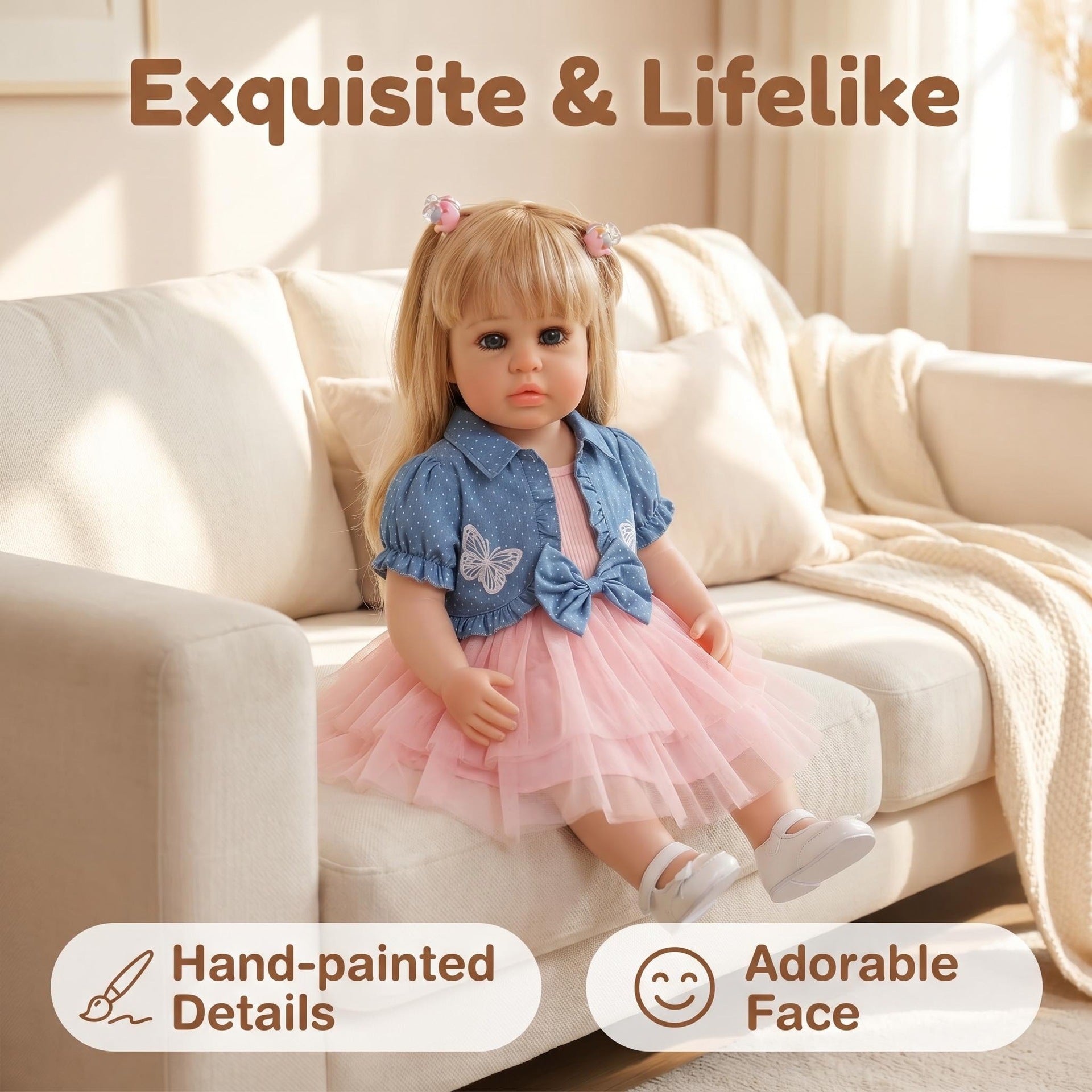 Lifelike 22 inch with Full Vinyl Body Standing Toddler Reborn Doll With Blonde Pigtails, Princess Outfit, Festive Gift For Kids & Collectors