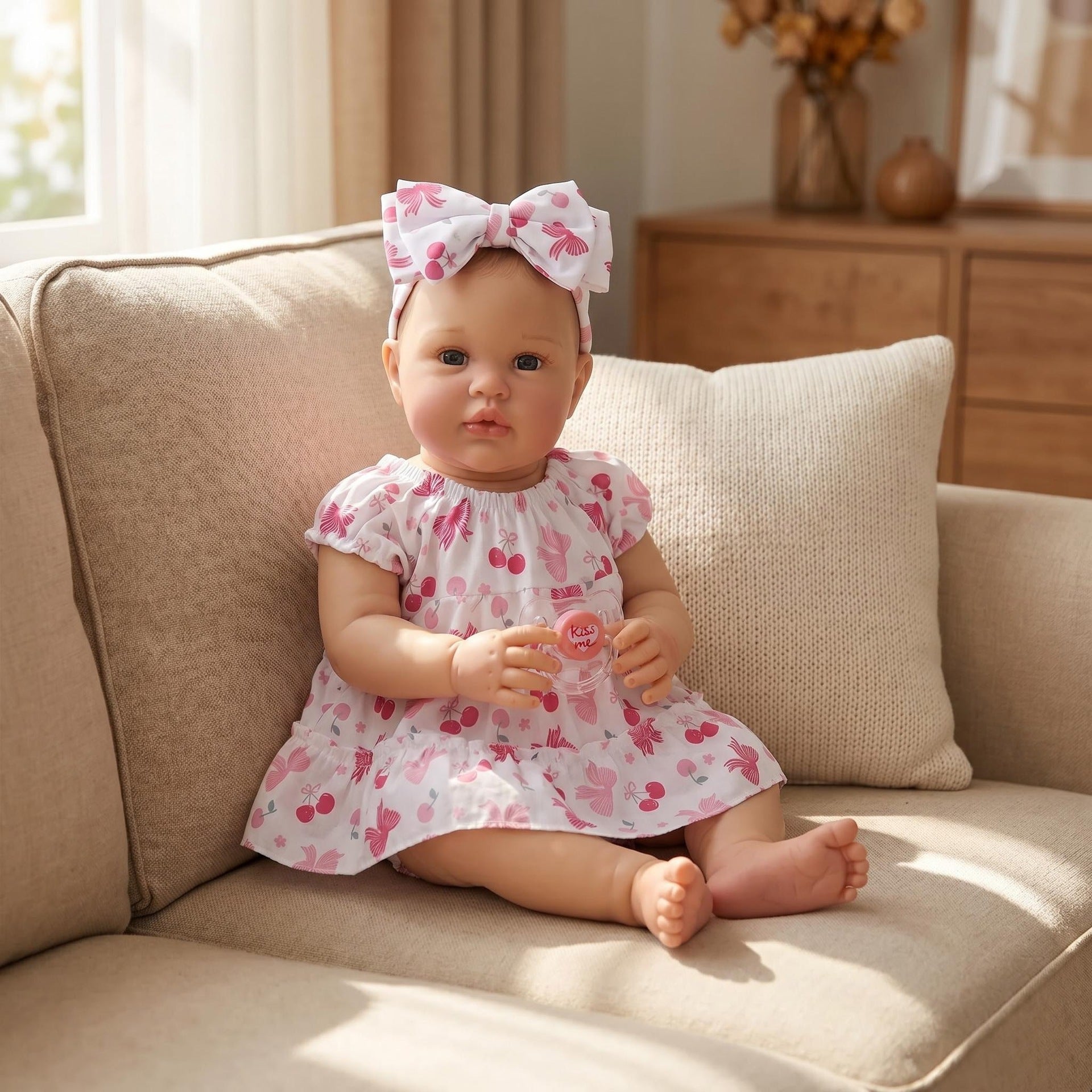 Realistic 22 inch Reborn Infant Doll With Cloth Body, Cherry Pattern Dress, Soothing Companion for Holiday Gifting