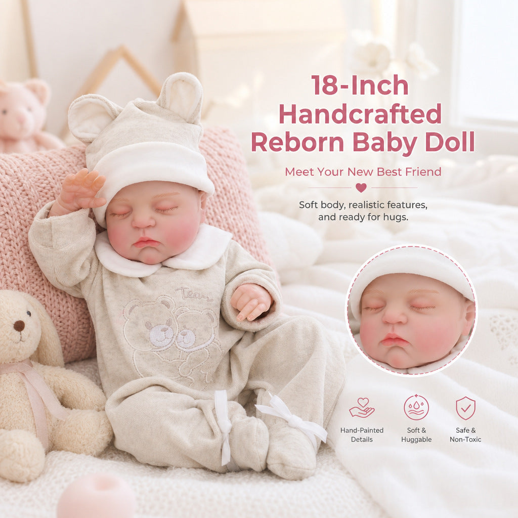 18 Inch with Cloth Body Sleeping Reborn Baby Doll, Bear Ear Onesie, Huggable Companion Gift for Birthday & Holiday