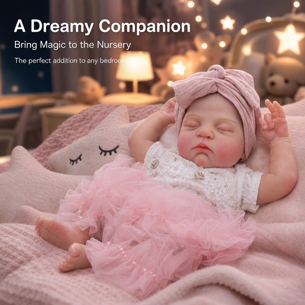 Real Lifelike Sleeping Reborn Doll 18 inch with Cloth Body, Knotted Pink Headband, Holiday Gift for Girls & Doll Collectors