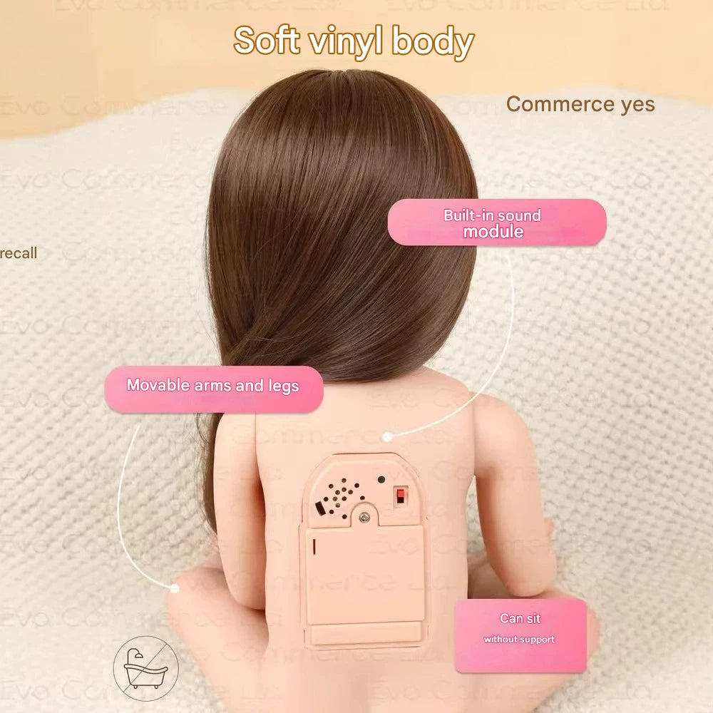 Toy figure with text highlighting features like soft vinyl body, movable arms and legs, and built-in sound module.