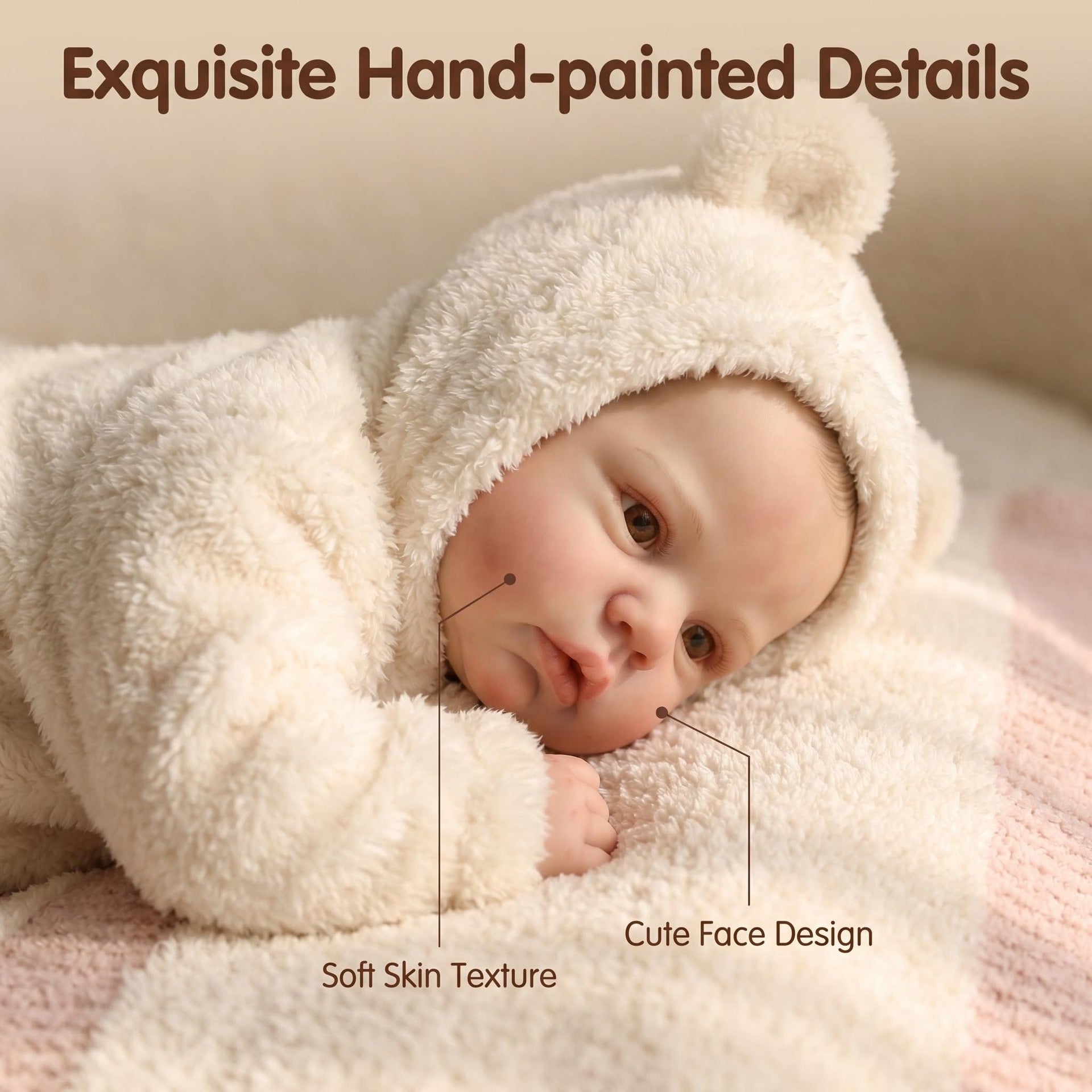 19 Inch with Cloth Body Awake Reborn Baby Doll, Cream Fluffy Bear Ear Hooded Footed Jumpsuit, Ideal Birthday, Christmas Holiday Gift, Cuddly Companion Toy For Kids & Adult Doll Enthusiasts